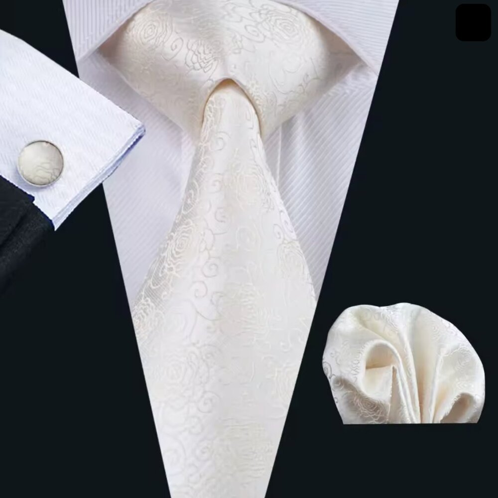 Men's Silk Tie - Cream w/Rose Patterned Damask